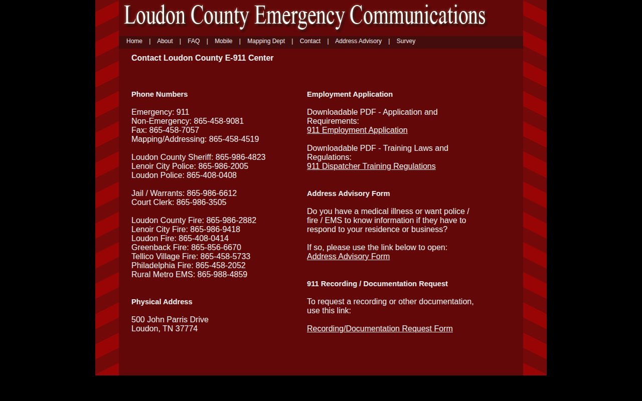 Loudon Police and county jail arrest contact directory