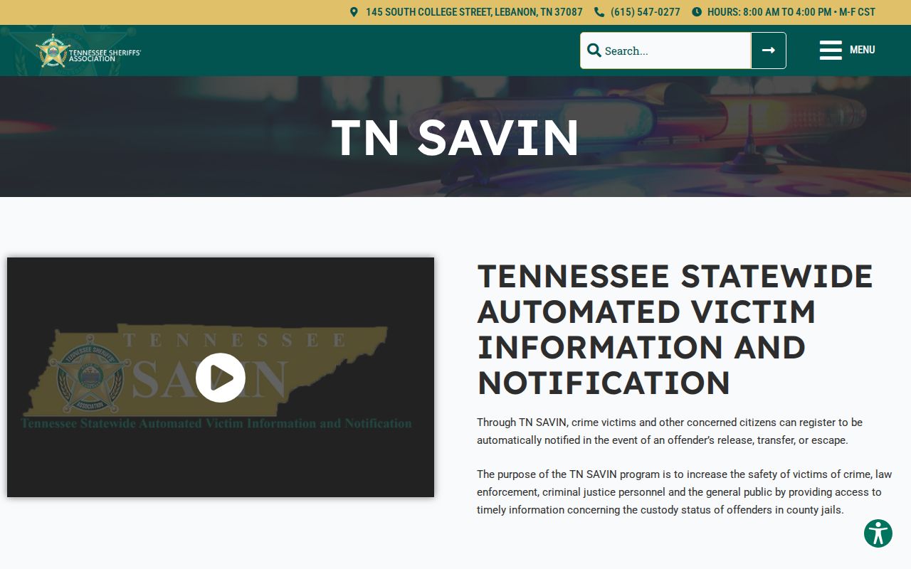 Tennessee SAVIN Loudon County custody notification coverage