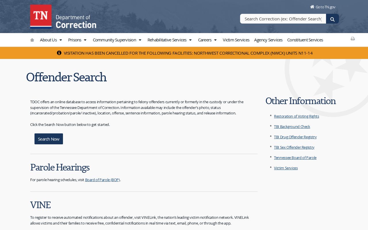 Tennessee offender photo and custody search information